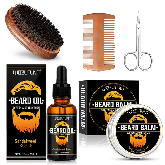 Kit Soin Barbe Homme 5 Pièces - Huile & Baume Hydratant Nourrissant Croissance Moustache avec Outils