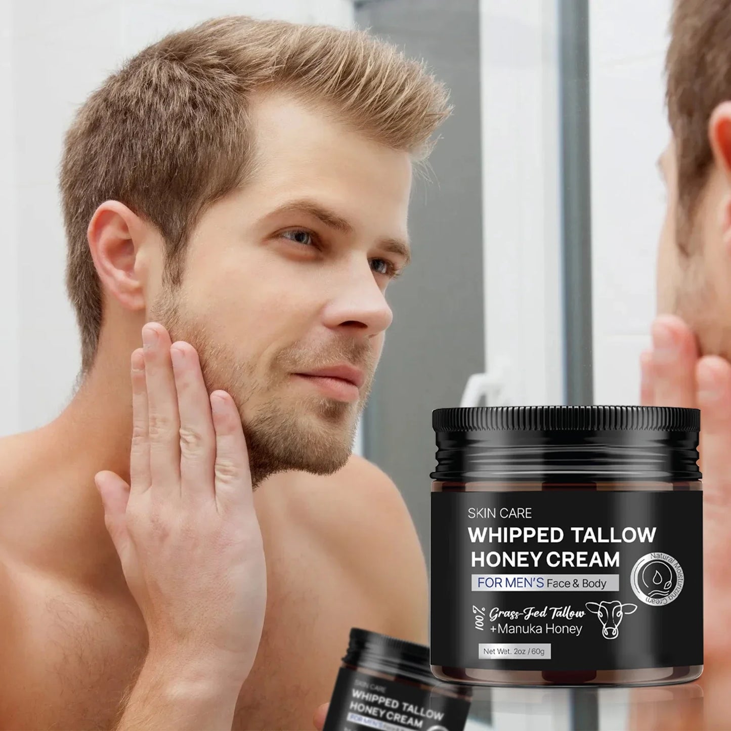 Crème Fouettée Tallow Miel Homme 60g - Hydratant Naturel Suif Nourri Herbe Miel Manuka Soin Visage Corps 2025