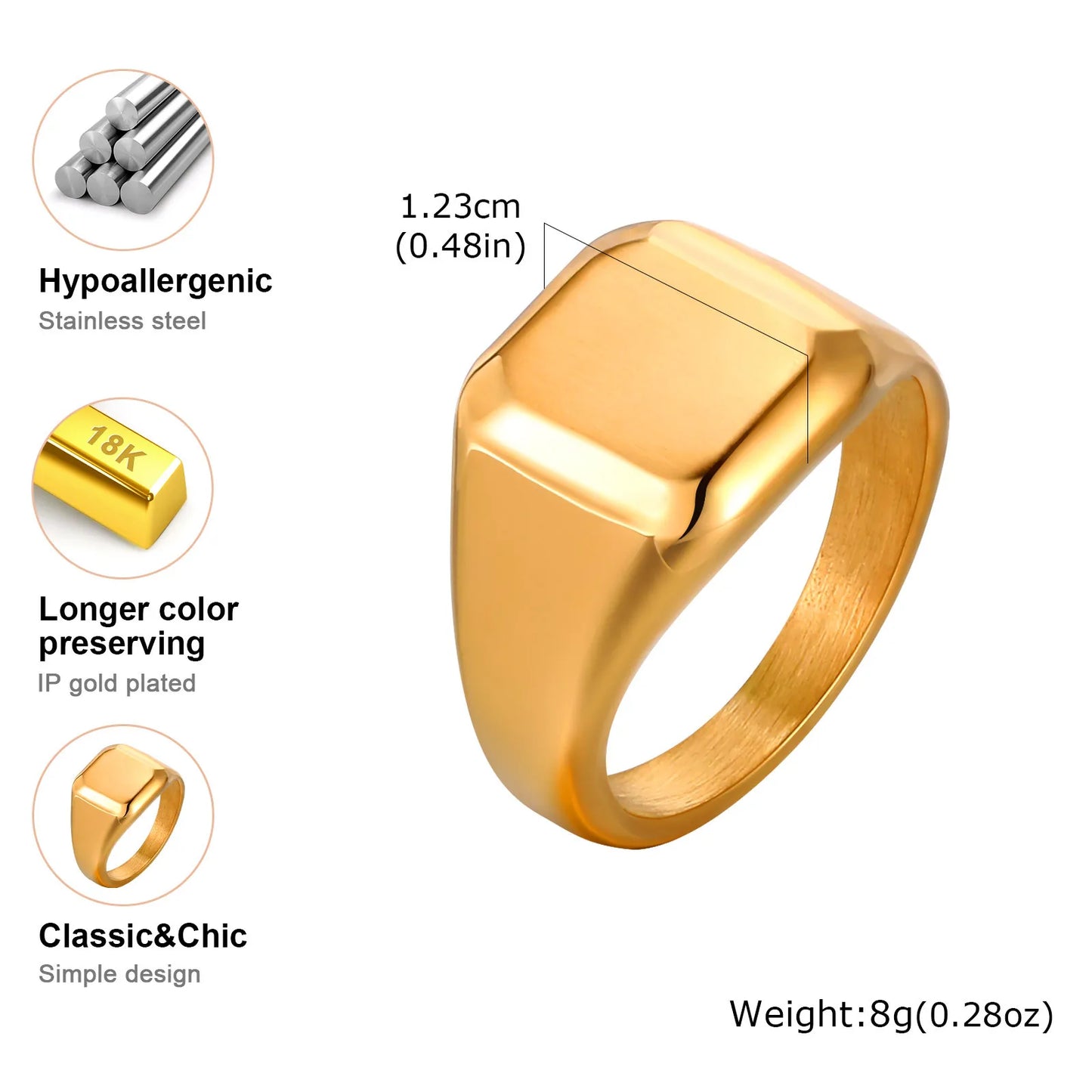 Bague Chevalière Carrée Acier Inoxydable Doré - Homme