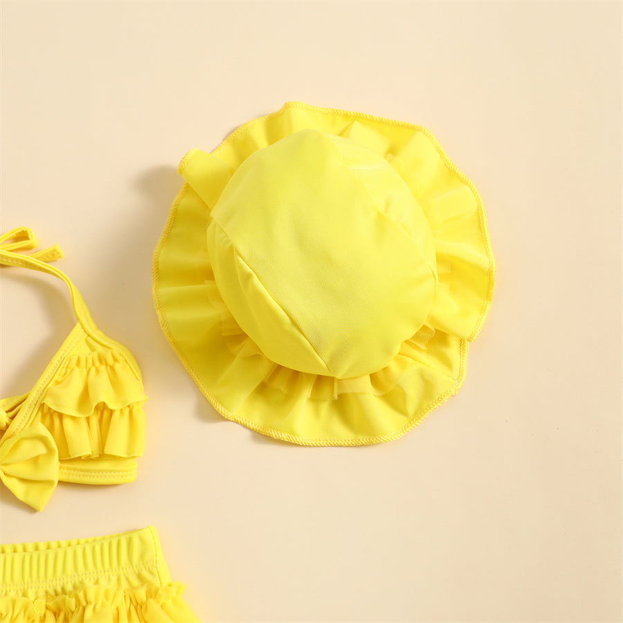 Maillot de Bain Bébé Fille 3 Pièces - Bikini Nœud Halter Volants Chapeau Été