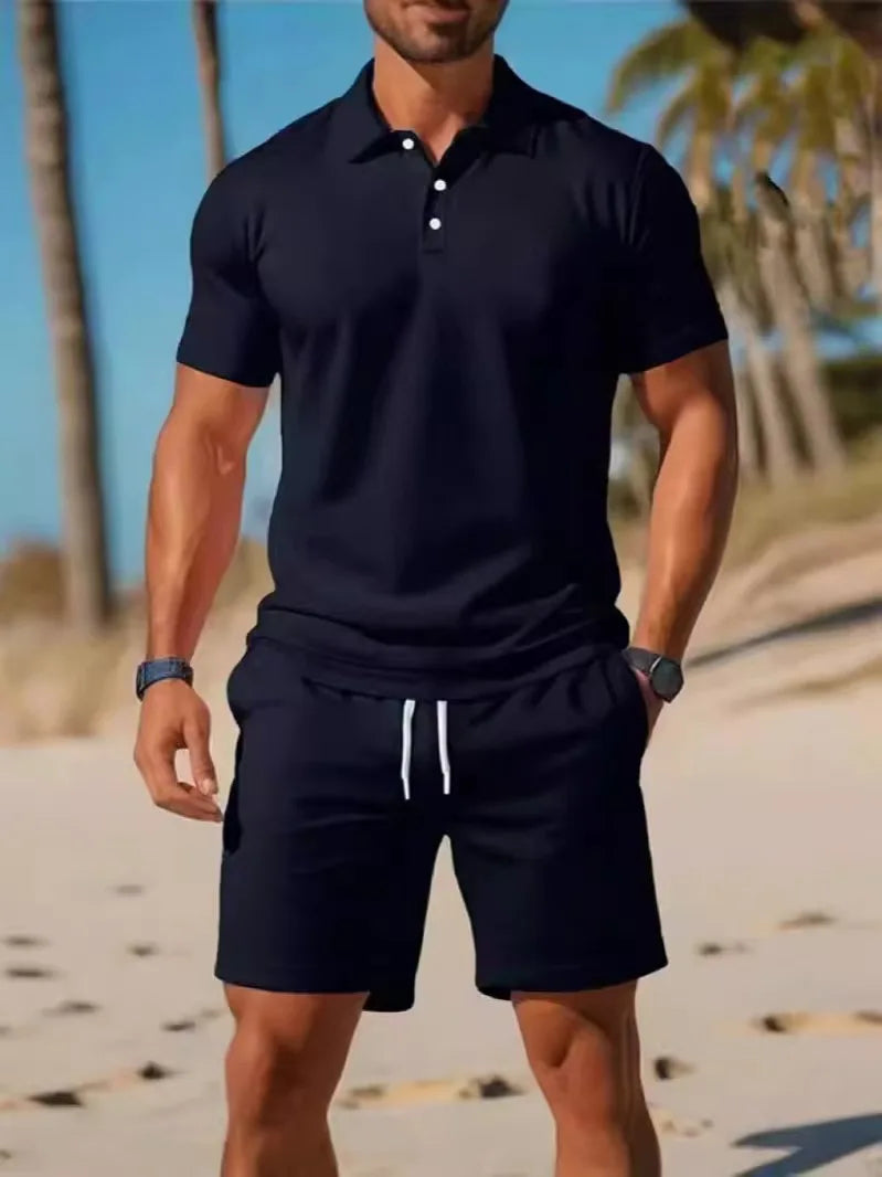 Ensemble Homme 2 Pièces Grande Taille - Polo Manches Courtes à Boutons & Short Mesh Respirant Été Casual
