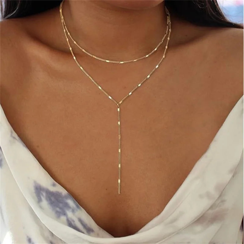 Collier Double Couche Y Minimaliste - Clavicule Long Chain Drop Pendentif Party Body Jewelry Cadeau Femme