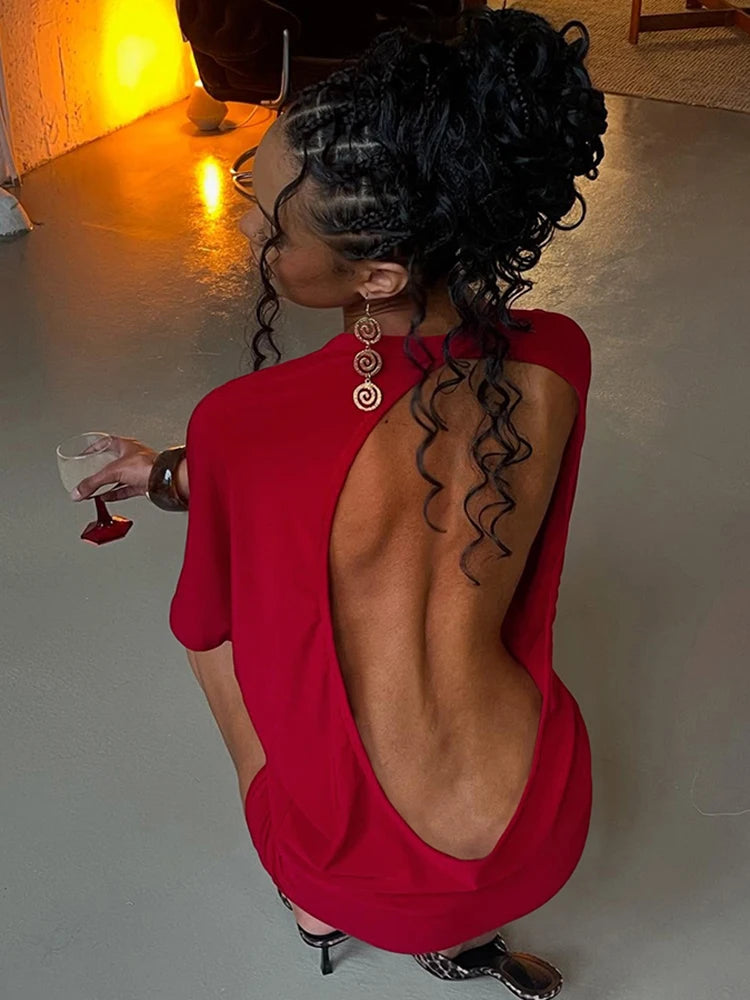 Robe Mini Dos Nu Femme Manches Courtes - Robe Moulante Sexy Y2K Streetwear