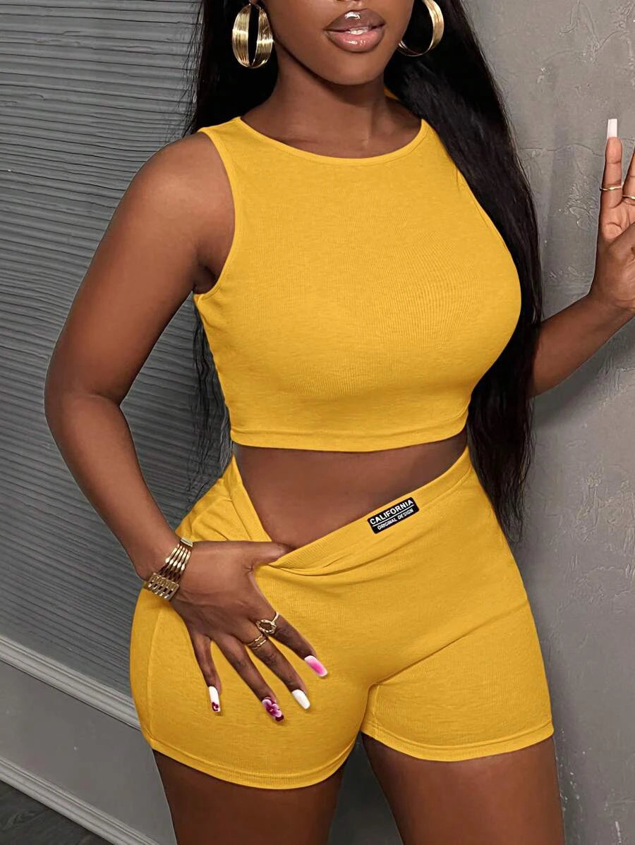 Ensemble 2 Pièces Côtelé Femme - Crop Top + Short Curcuma Streetwear