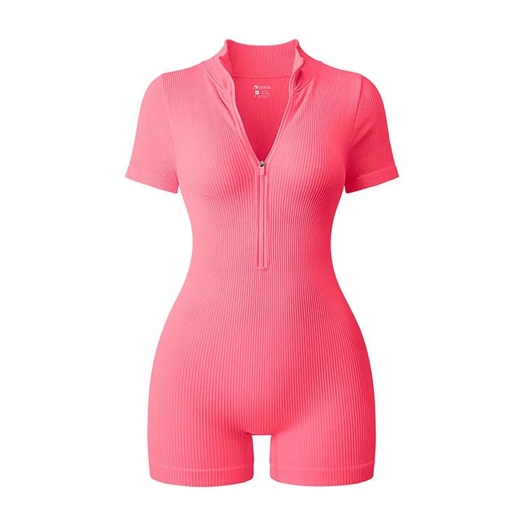 Combinaison Yoga Femme Été 2025 - Body Sport Manches Courtes Zippé Fitness Running