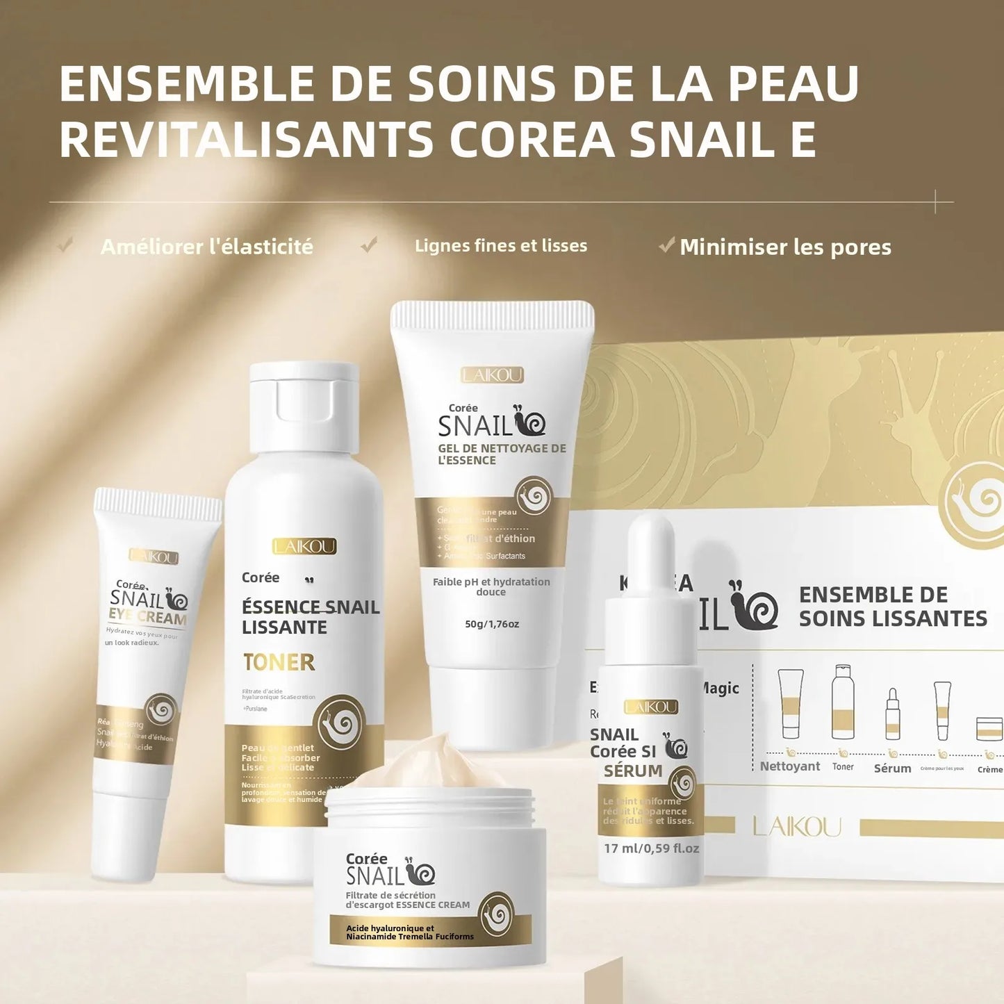 Kit Soin Visage Escargot 5 Pièces - Hydratation Profonde Anti-Âge Contour Yeux Revitalisant Lissant