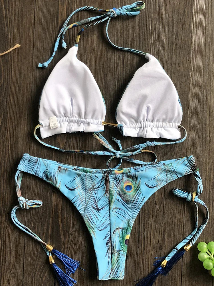 Bikini Femme Micro Brésilien - Imprimé Plumes & Bandage Sexy