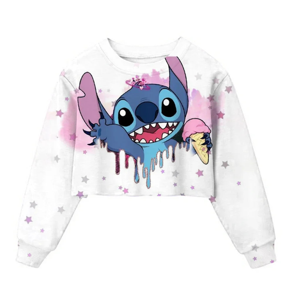 Sweat Court Enfant Stitch - Pull Manches Longues Fille Kawaii Disney Printemps Automne