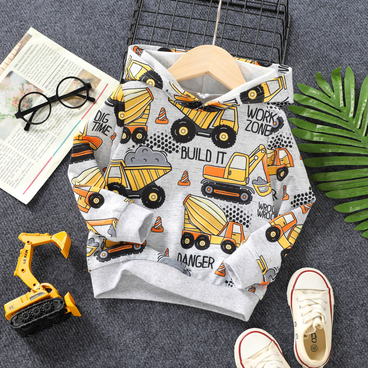 Sweat à Capuche Garçon Imprimé Engins - Excavatrice Véhicules - Confortable 4-5 Ans