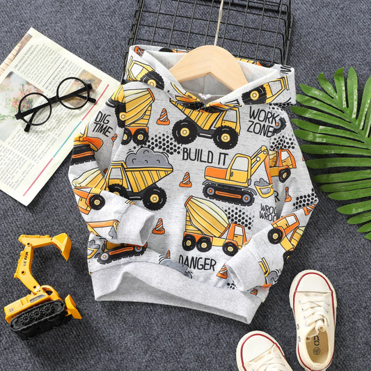 Sweat à Capuche Garçon Imprimé Engins - Excavatrice Véhicules - Confortable 4-5 Ans