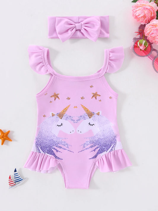 Ensemble Maillot de Bain Bébé Fille + Bandeau - Licorne Sequins 2 Pièces