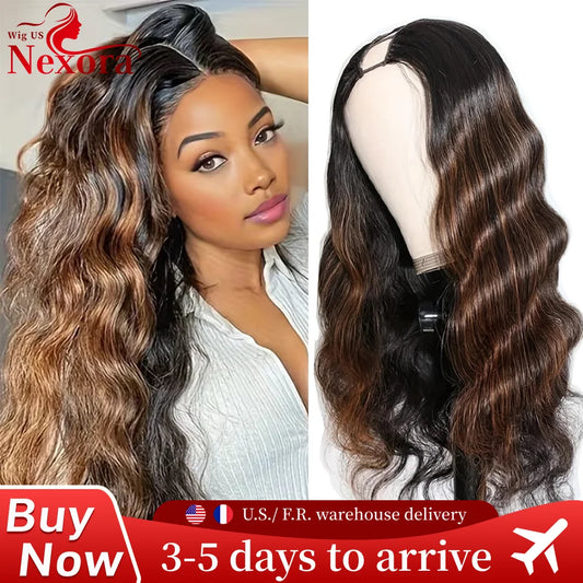 Perruque V Part Body Wave 1B/30 Highlight - Cheveux Humains 220% Densité - Clip Sans Couture