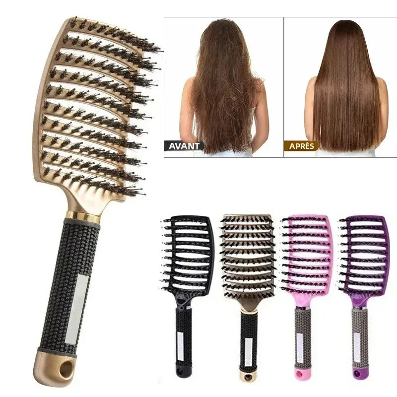 Brosse Cheveux Massage Cuir Chevelu - Poils Sanglier Nylon Femme Mouillés Bouclés Démêlage Salon Coiffure