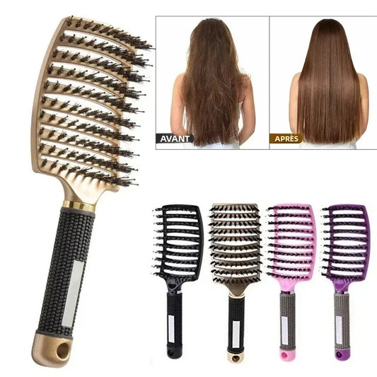 Brosse Cheveux Massage Cuir Chevelu - Poils Sanglier Nylon Femme Mouillés Bouclés Démêlage Salon Coiffure