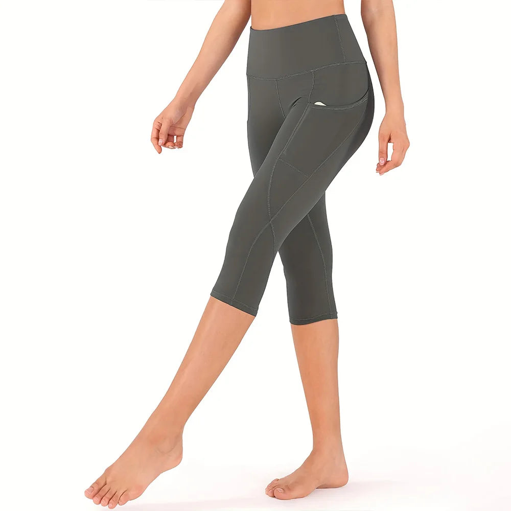 Legging Capri Femme Taille Haute avec Poches