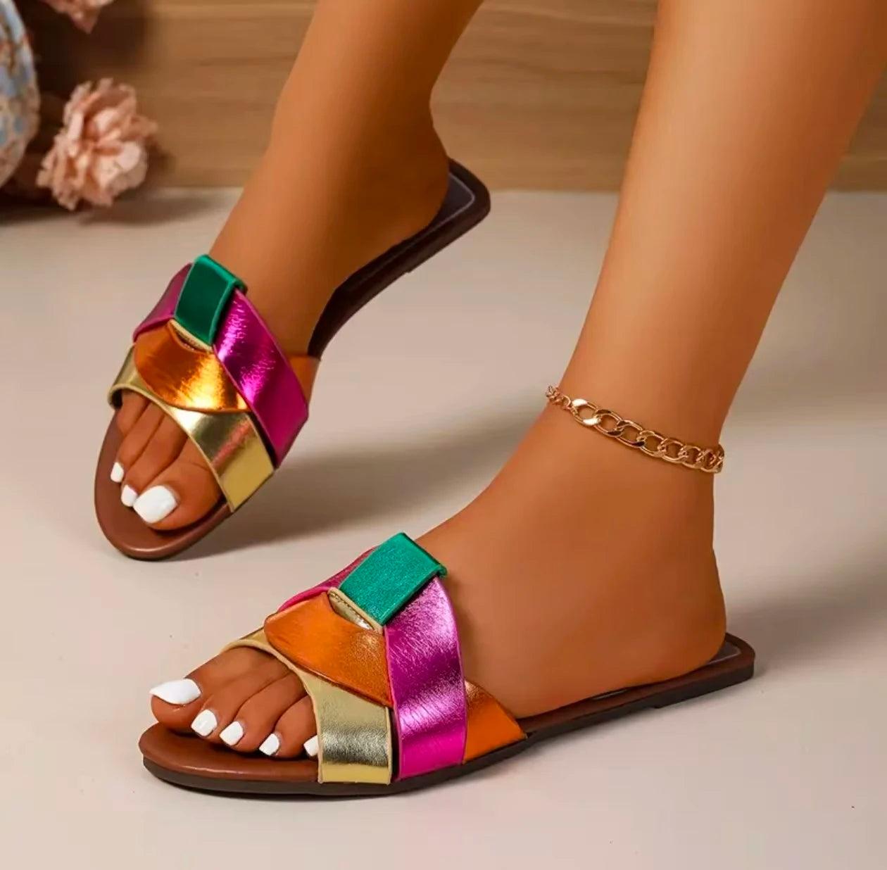 Sandales Femme Plates Été - Mules Confortables Antidérapantes Bout Rond - Chaussures Casual Sexy