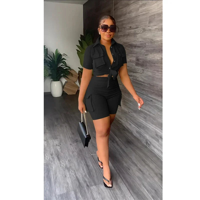 Ensemble Femme 2 Pièces Streetwear - Chemise Manches Courtes à Boutons & Short Poches Été