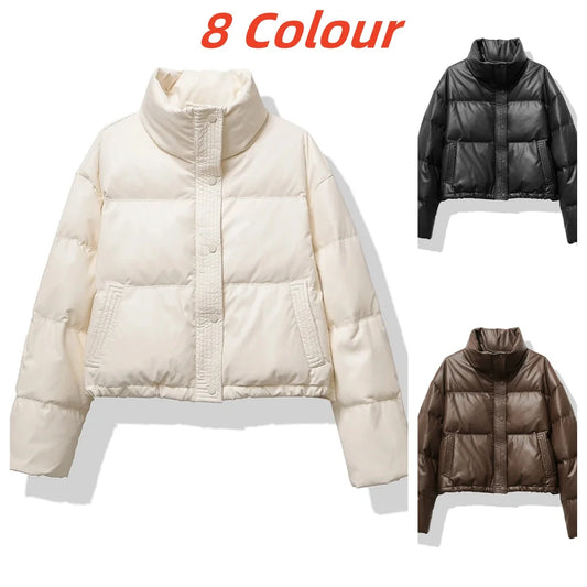 Veste Femme Hiver Coton Rembourrée Col Montant - Boutons Poches Casual Doudoune Chaude Loose Courte Automne