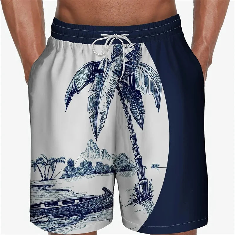 Short de Bain Homme Imprimé Cocotiers 3D - Maillot Hawaïen Casual Plage Sport Été
