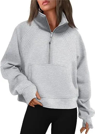 Sweat Femme Col Montant Demi-Zip - Hoodie Poche Manches Longues Loose Sportswear Streetwear Printemps Automne