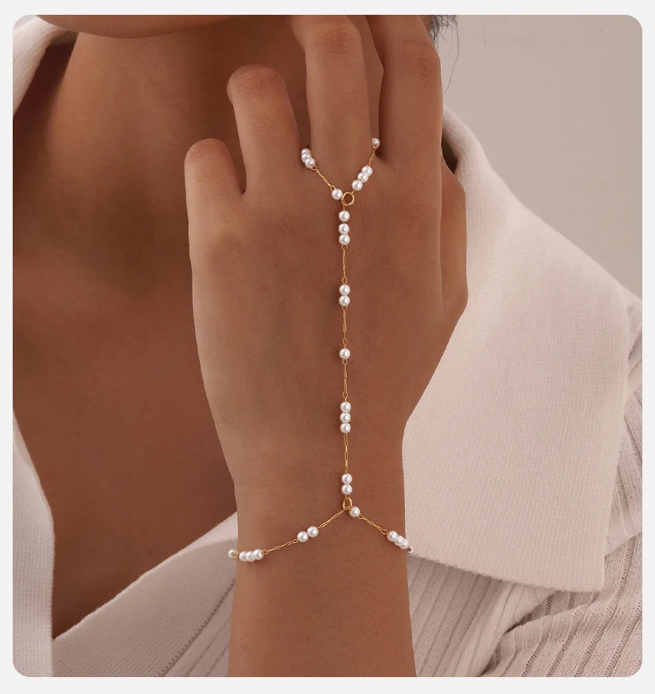 Bracelet Bague Chaîne Acier Inoxydable Femme - Bijou Main Perles Vnox Tendance Cadeau