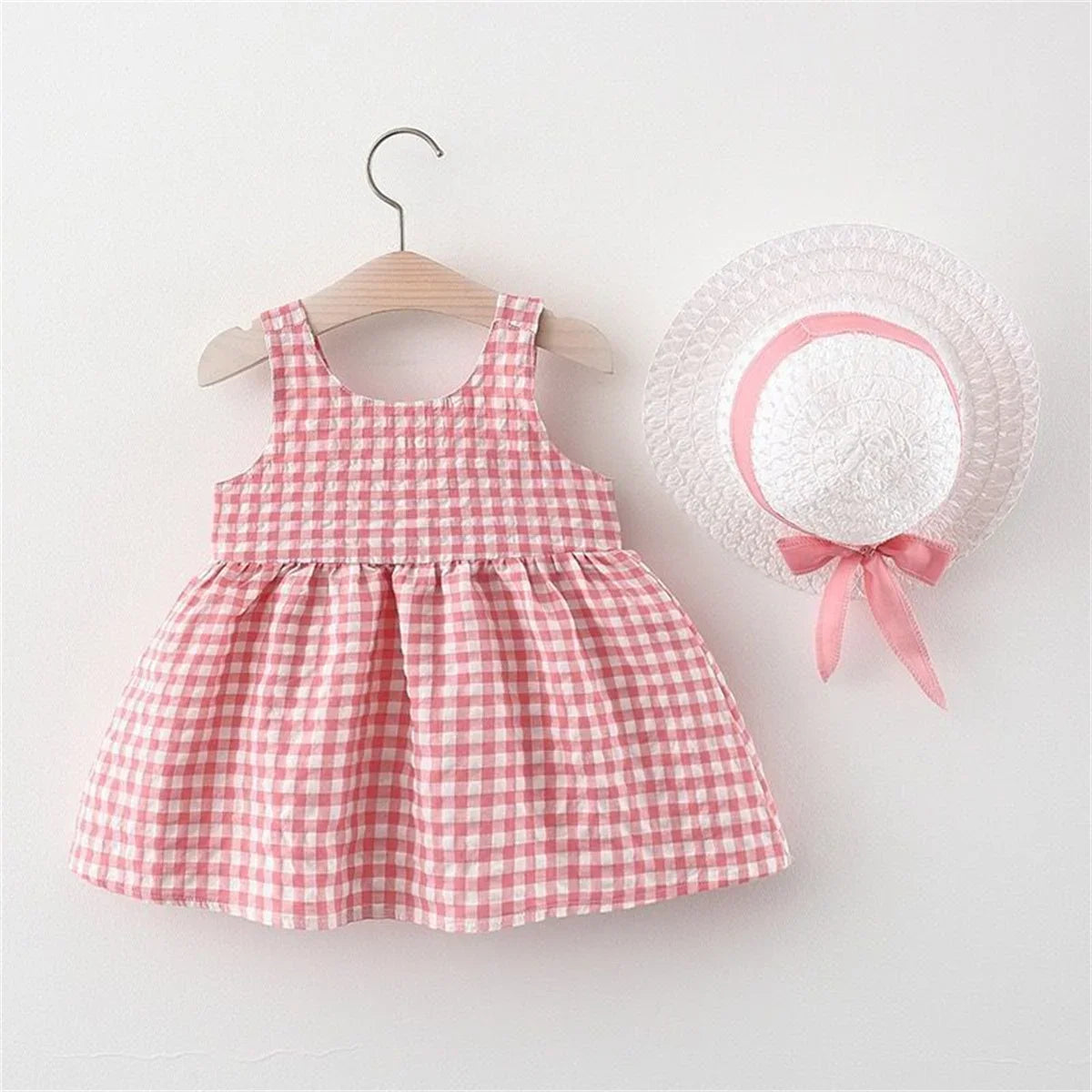 Ensemble Bébé Fille Anniversaire - Robe Carreaux Nœud + Chapeau 2 Pièces 0-3 Ans Été