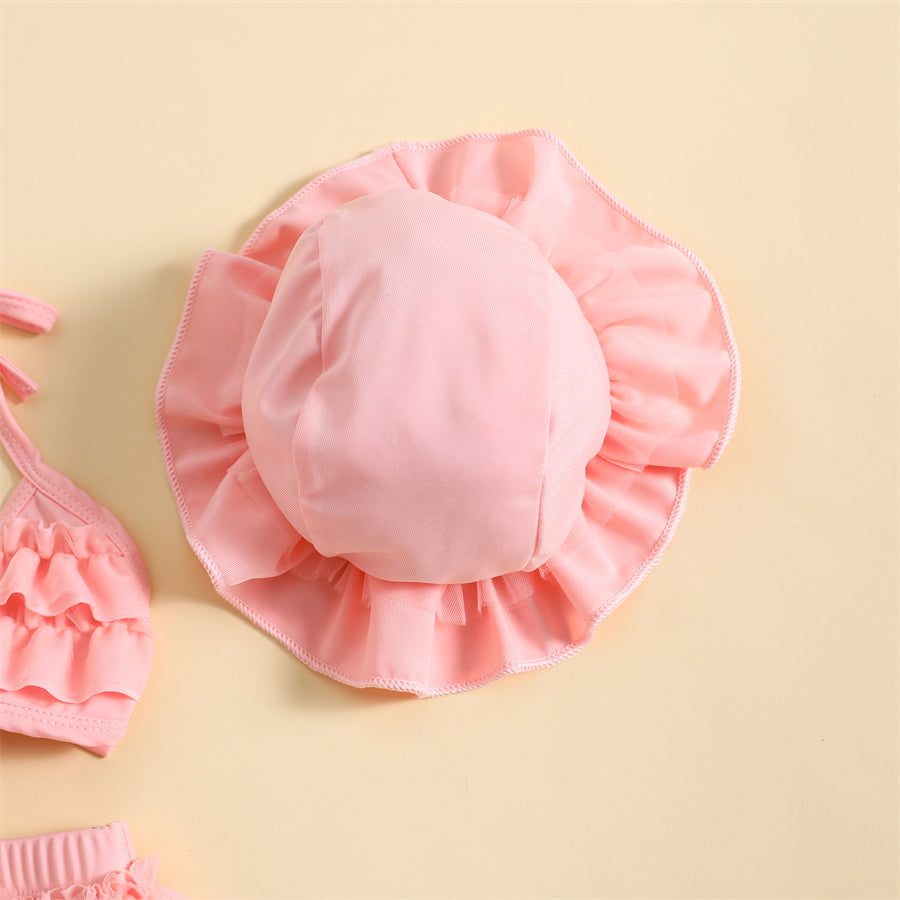 Maillot de Bain Bébé Fille 3 Pièces - Bikini Nœud Halter Volants Chapeau Été