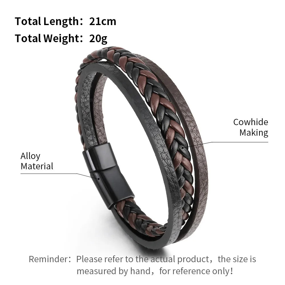 Bracelet Homme Cuir Tendance 21cm - Multi-Couches Tressé Acier Cadeau