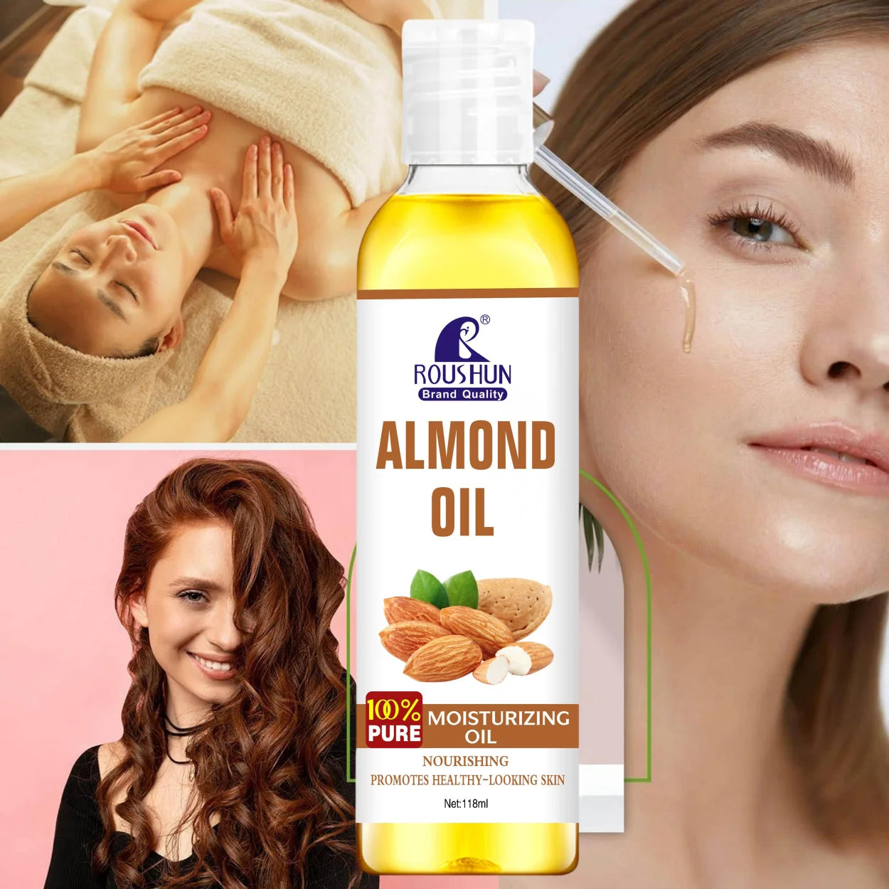 Huile Corps Amande Douce 118ml ROUSHUN - Hydratation Multi-Usages Visage Corps Mains Lèvres Yeux, Format Généreux