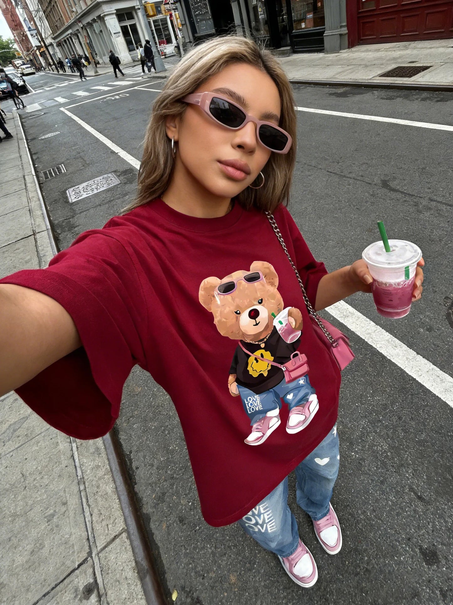 T-Shirt Femme Cartoon Bear Pattern - Loose Col Rond Respirant Streetwear Été