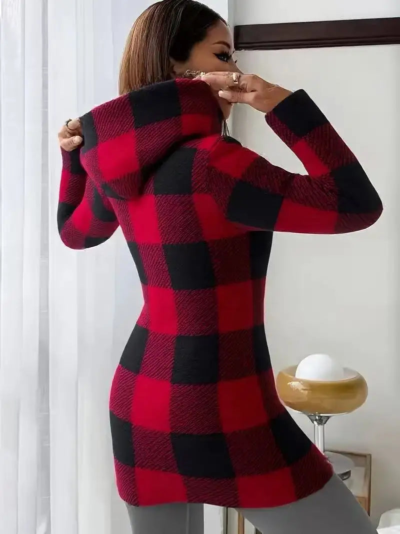 Manteau Femme Hiver Chaud Peluche - Carreaux Capuche Long Zip Cardigan