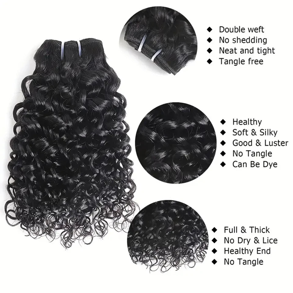 Mèches Cheveux Humains Kinky Curly Courtes avec Closure - Extensions Tissage 100% Naturels Remy
