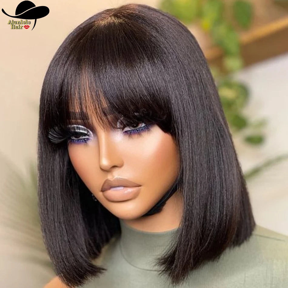 Perruque Cheveux Humains Péruviens Bob Lisse Frange - Sans Lace Naturelle Courte Femme Noire