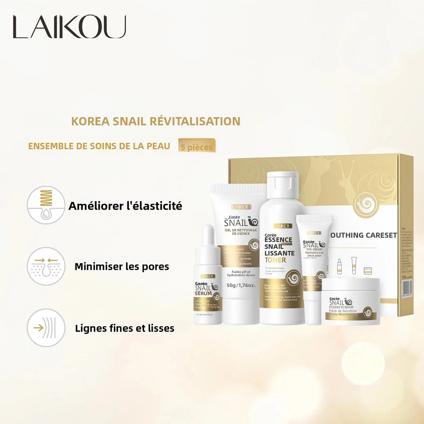 Kit Soin Visage Escargot 5 Pièces - Hydratation Profonde Anti-Âge Contour Yeux Revitalisant Lissant