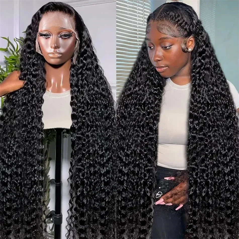 Perruque Lace Frontal Deep Curly 13x6 HD - Cheveux Naturels Water Wave Pré-Plumée Noir Naturel