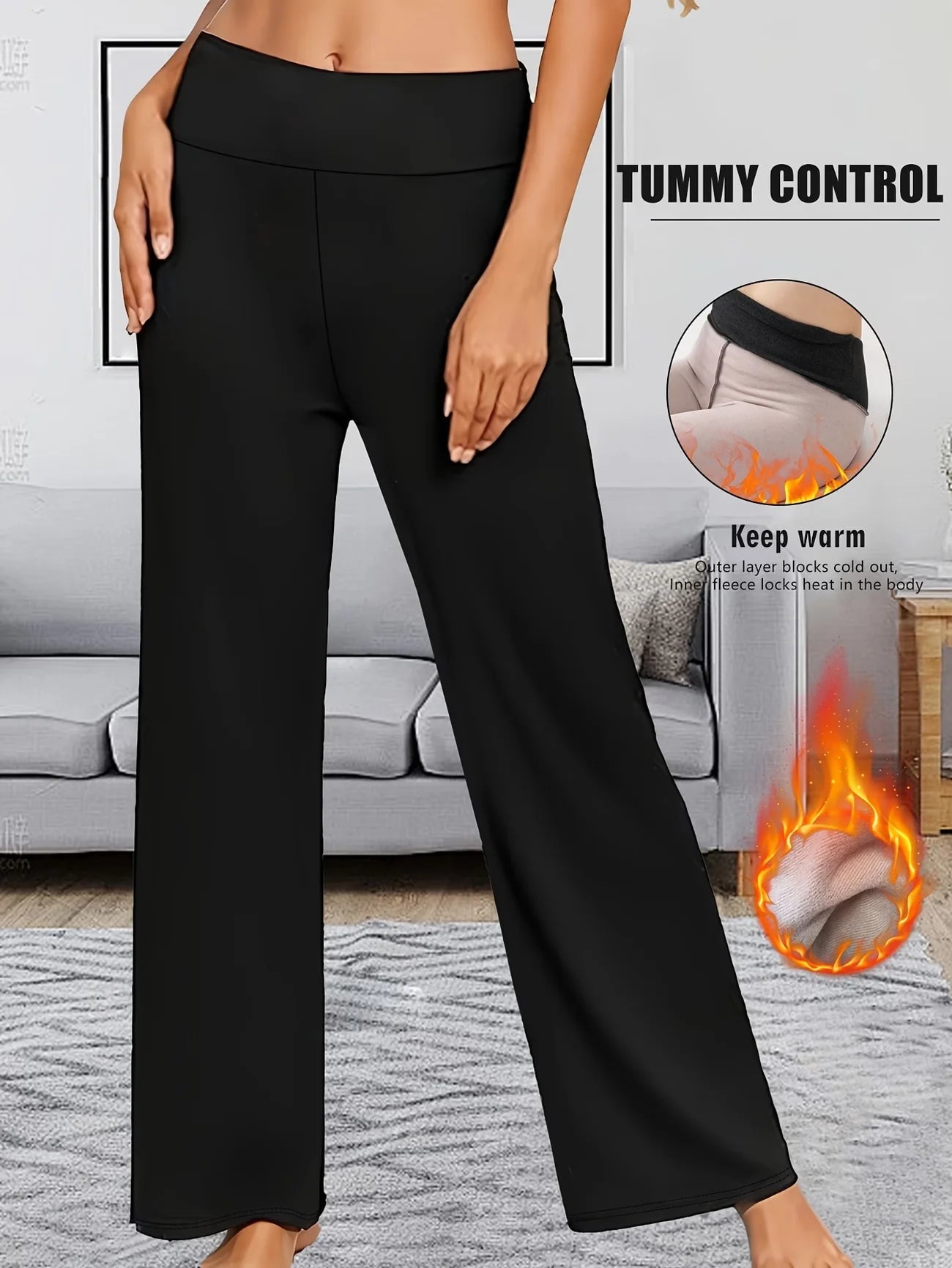 Pantalon Taille Haute Doublé Polaire Femme - Jambes Larges Chaud Élégant Casual