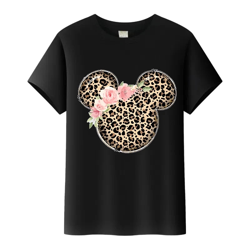 T-Shirt Disney Mickey Minnie Léopard - Femme Homme Enfant - Manches Courtes Casual