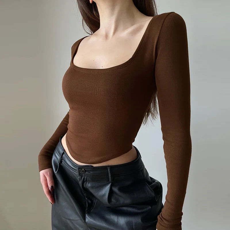 T-Shirt Femme Col Carré Crop Top - Automne Vert Streetwear