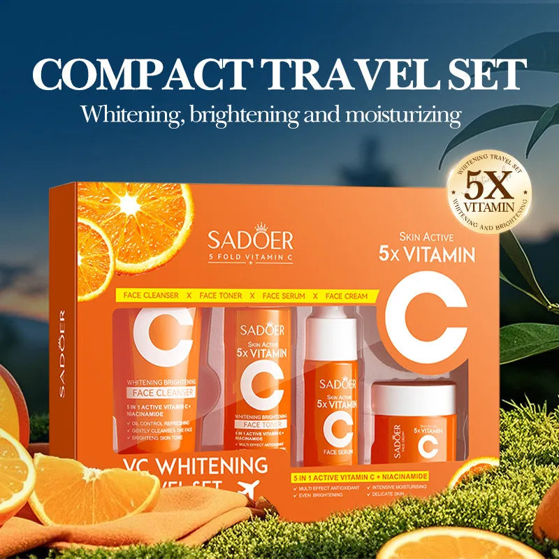 Kit Soin Visage Vitamine C 4 Pièces - Nettoyant Tonique Sérum Crème Éclaircissant Hydratant Voyage