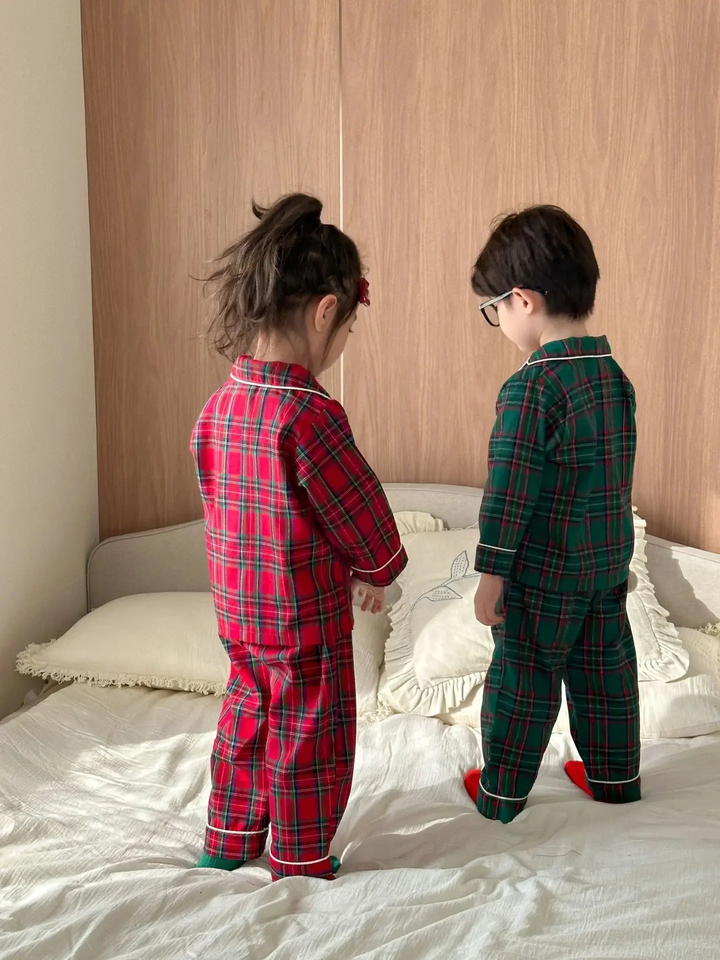 Pyjama Noël Enfant - Ensemble Coton Carreaux 2 Pièces Boutons Xmas