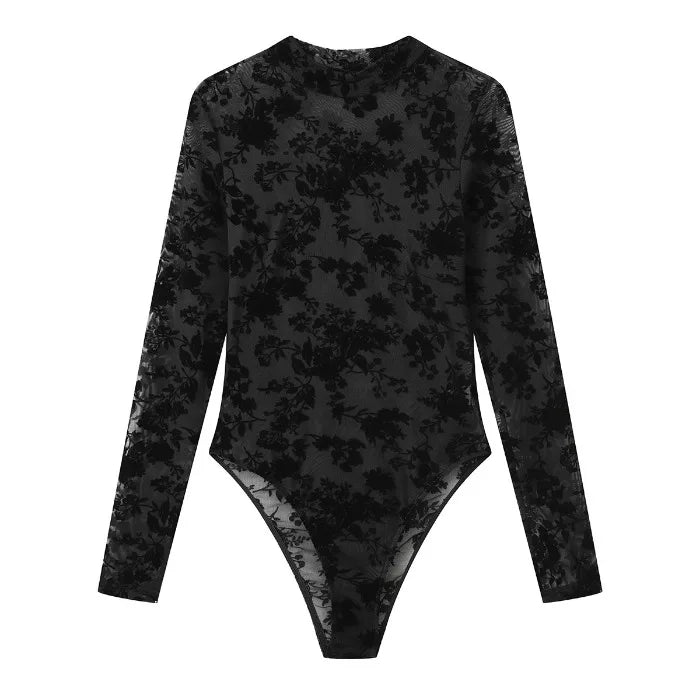 Bodysuit Dentelle Femme 2025 - Imprimé Sexy Slim Fit Taille Haute Manches Longues
