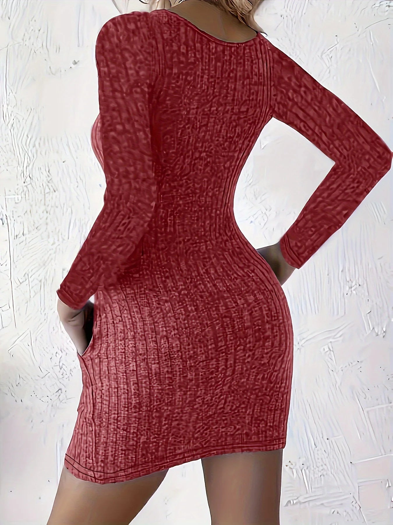 Robe Pull Femme Boutons Manches Longues - Mini Robe Moulante Tricot Côtelé Automne Hiver