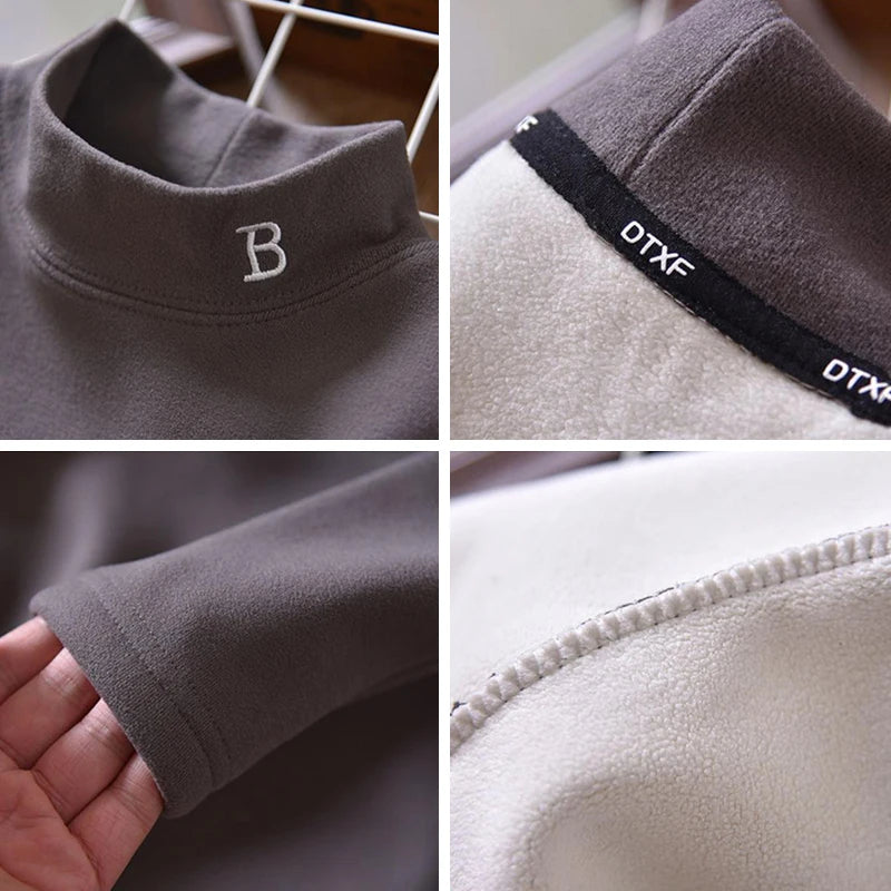 T-Shirt Thermique Enfant - Col Montant Velours Broderie Lettre