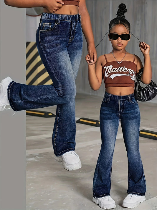Jean Large Fille Style École - Taille Élastique Confortable - Denim Tendance Toutes Saisons