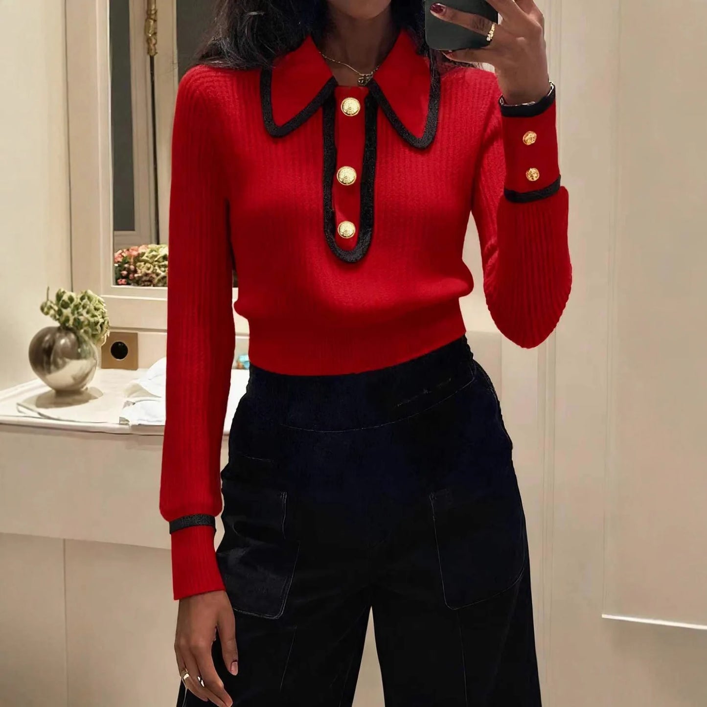 Pull Femme Col Polo Rayé - Sweater Tricoté Manches Longues Élégant Bureau Chaud 2025