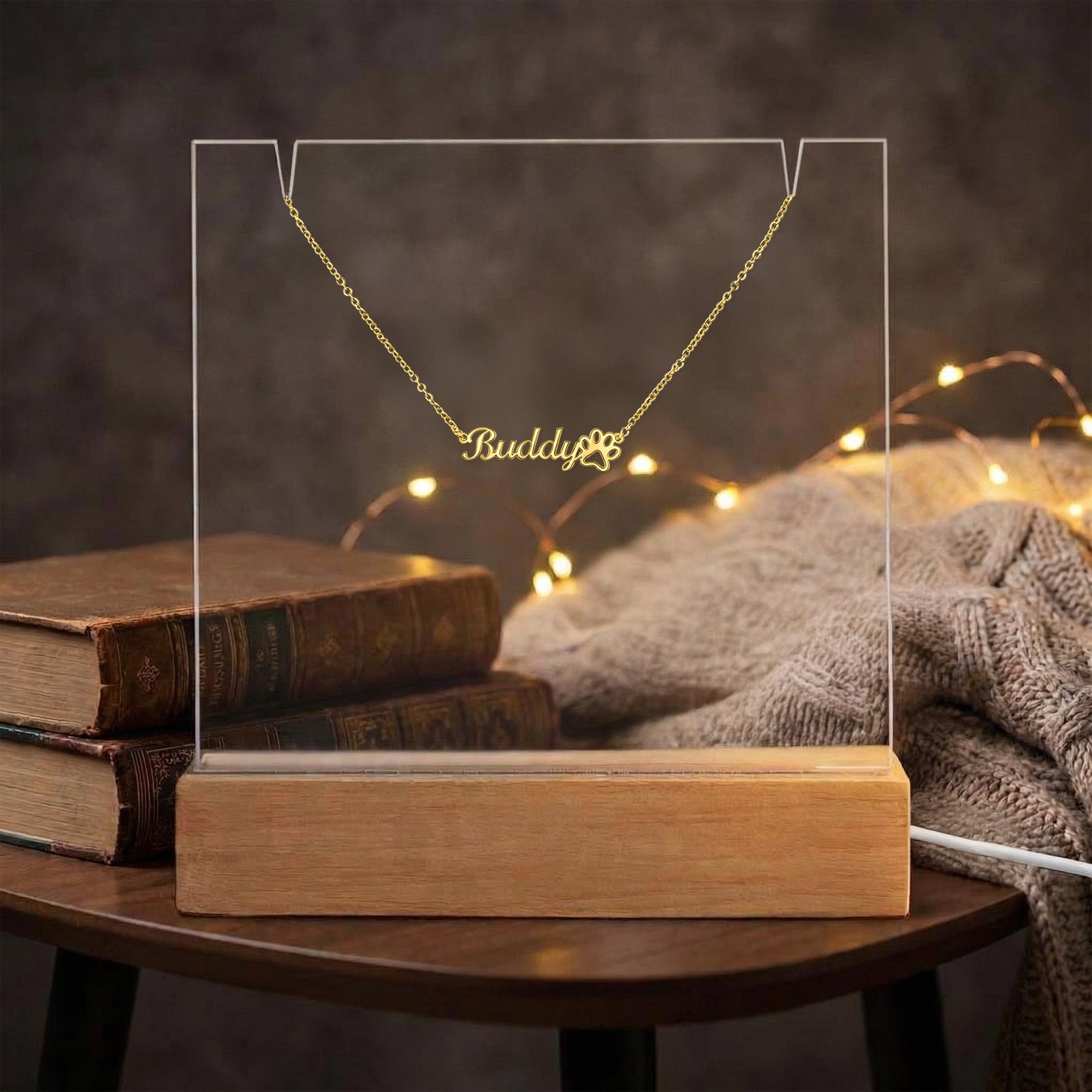 Coffret Porte-Collier Acrylique LED + Collier Empreinte de Patte Personnalisé