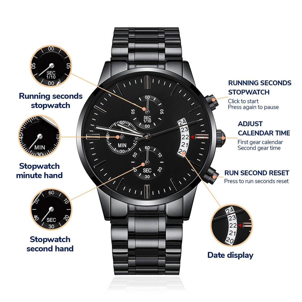 Montre Chronographe Noire Gravée Homme – Acier 316L & Cadran Cuivre