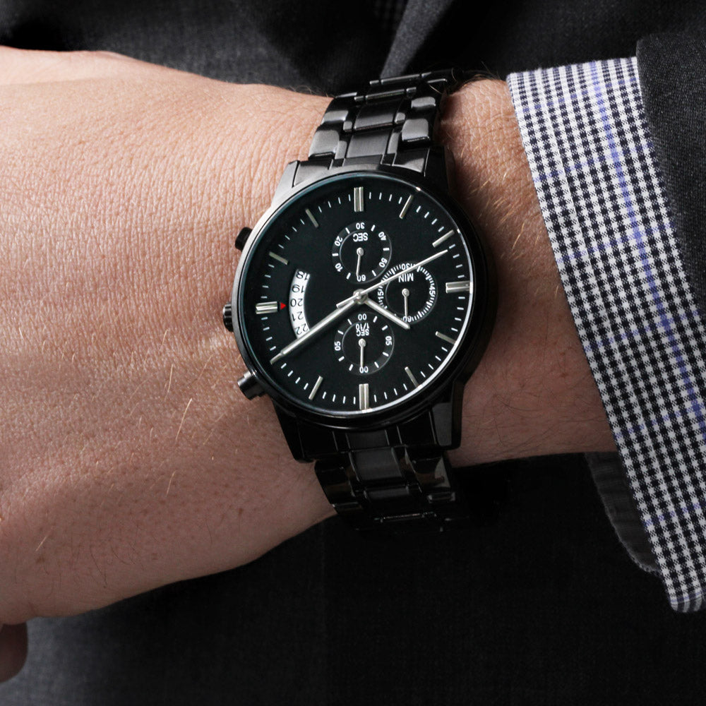 Montre Chronographe Noire Gravée Homme – Acier 316L & Cadran Cuivre