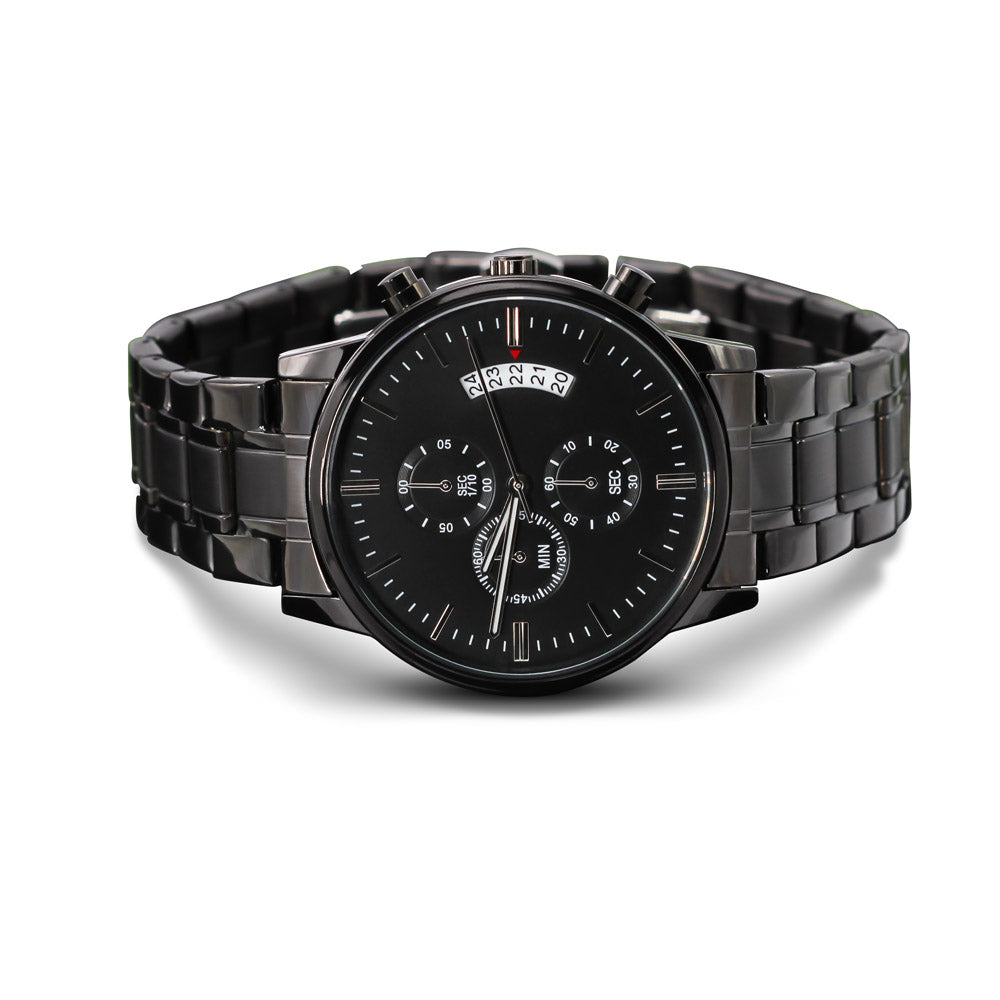 Montre Chronographe Noire Gravée Homme – Acier 316L & Cadran Cuivre