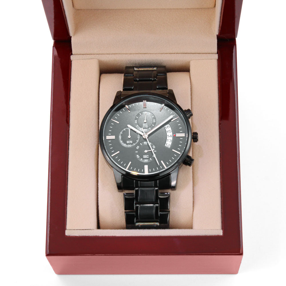 Montre Chronographe Noire Gravée Homme – Acier 316L & Cadran Cuivre